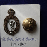 Original cap badge and tunic button The Royal Corps of Signals (RCS) 1920-1947